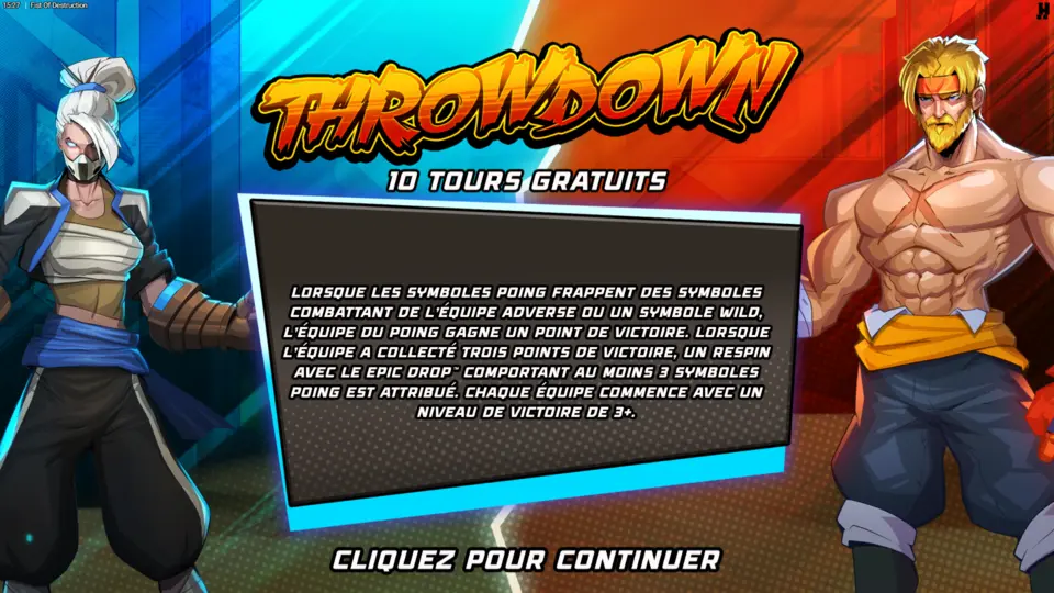 Bonus Throwdown de Fist of Destruction avec compteur Victory Point et affrontement entre équipes Rouge et Bleue